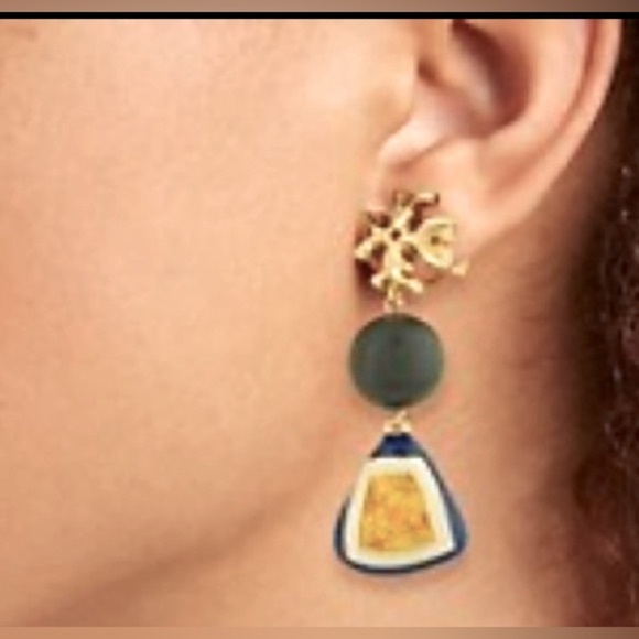 🆕Authentic Tory Burch Roxanne Wood & Resin Mismatched Double Drop Earrings - Picture 14 of 15